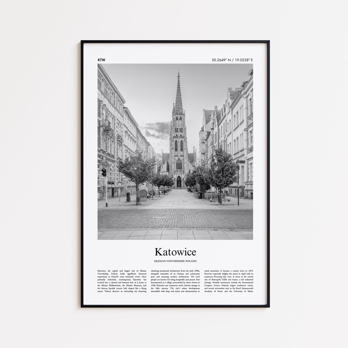 Katowice Poland Historic Church Street Black and White Photo Poster