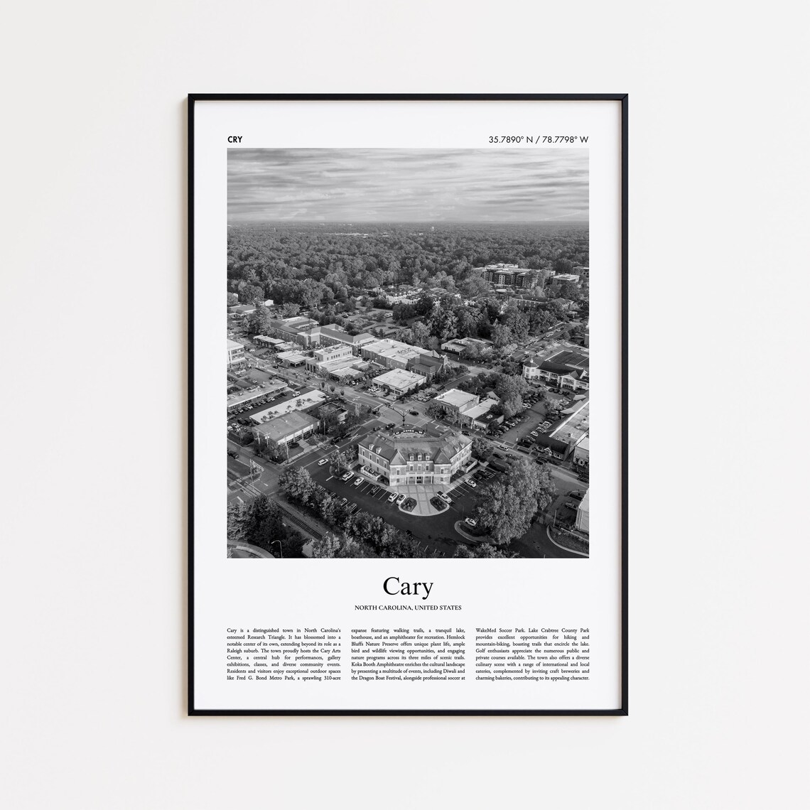 Cary Black And White Travel Poster, North Carolina