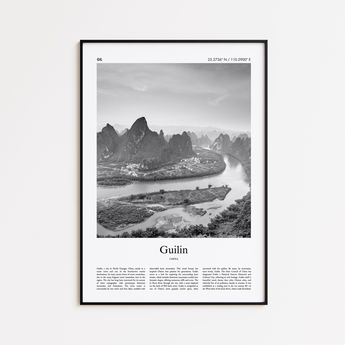 Guilin China Karst Peaks River Black And White Travel Poster