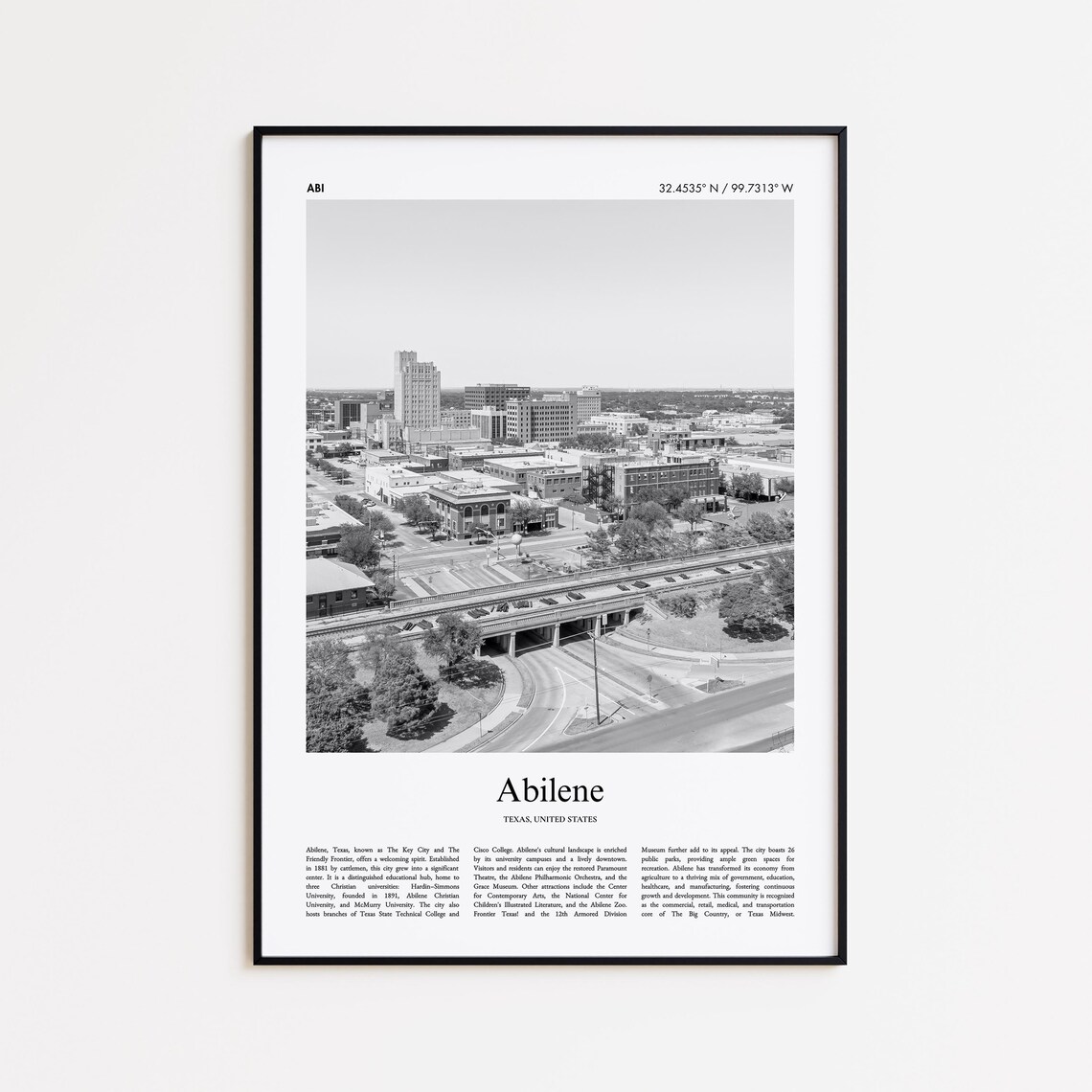 Abilene Texas Black And White Downtown Aerial City Photo Poster