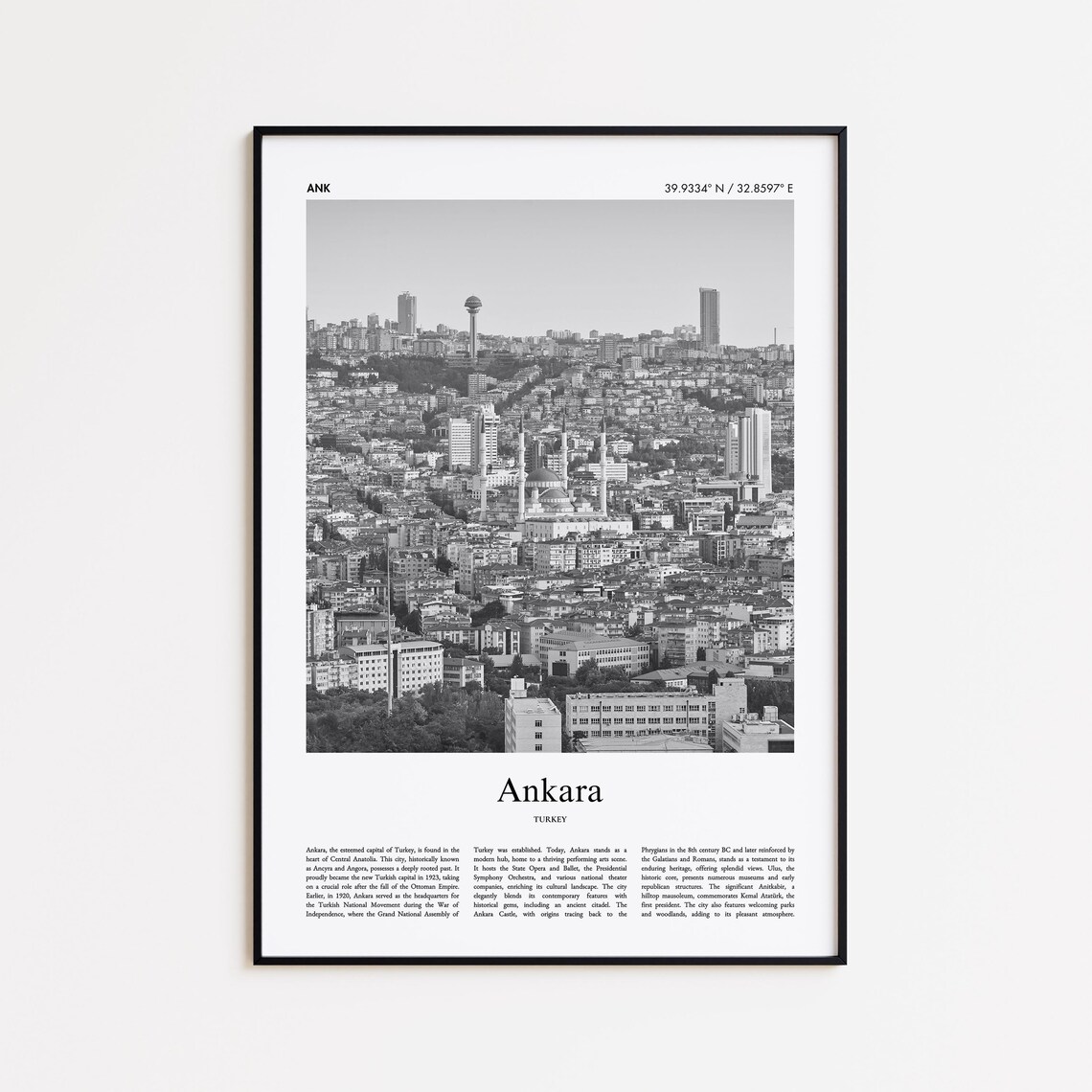 Ankara Turkey Black And White Cityscape Skyline Photo Poster