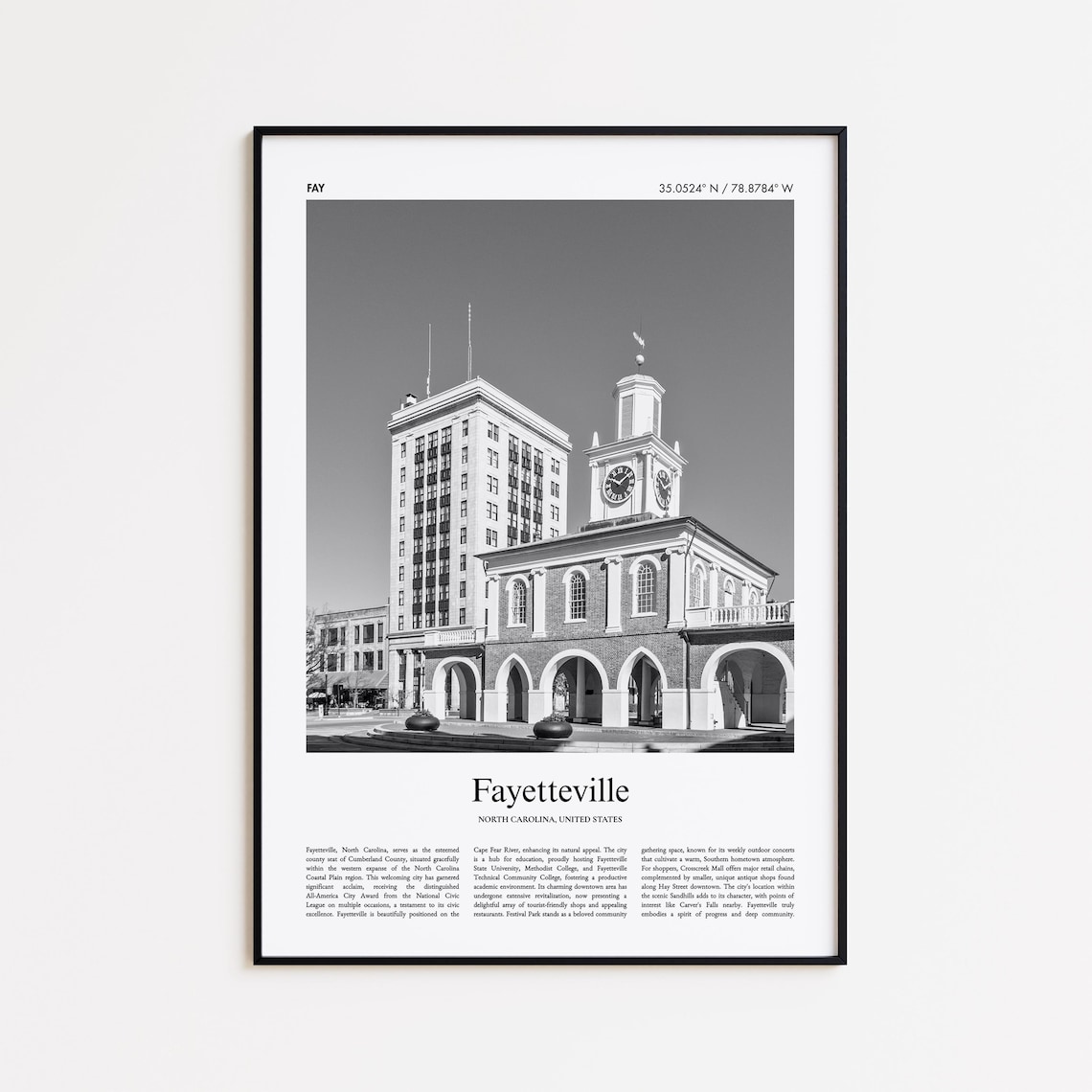 Fayetteville North Carolina Black and White Downtown Photo Print