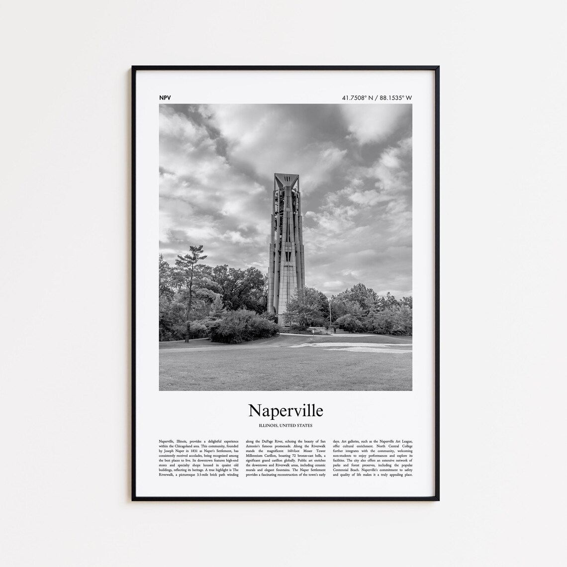 Naperville Illinois Tower Black And White Travel Photo Poster