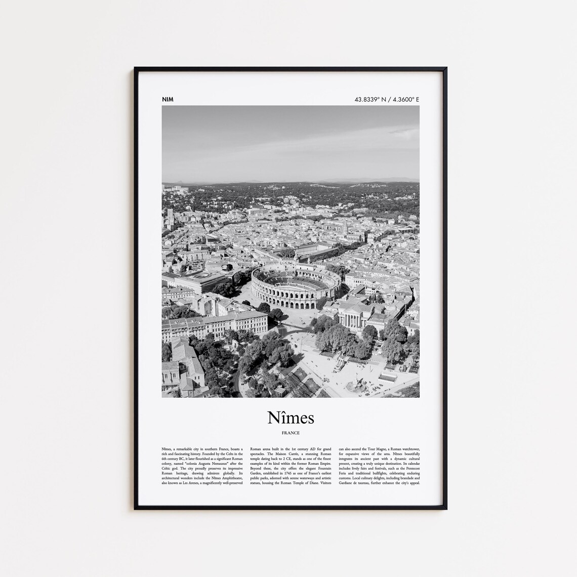 Nîmes France Black and White Photo Travel Poster with Roman Arena