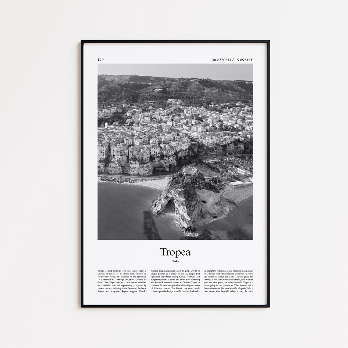 Tropea Italy Black And White Cliff Coastline Photo Travel Poster