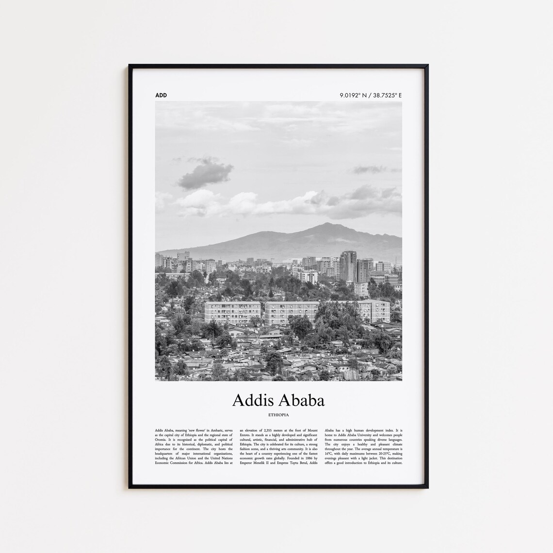Addis Ababa Black And White Travel Poster, Ethiopia