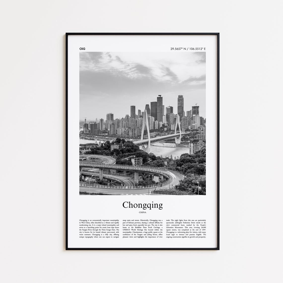 Chongqing China Black And White Photography Poster Bridge Skyline