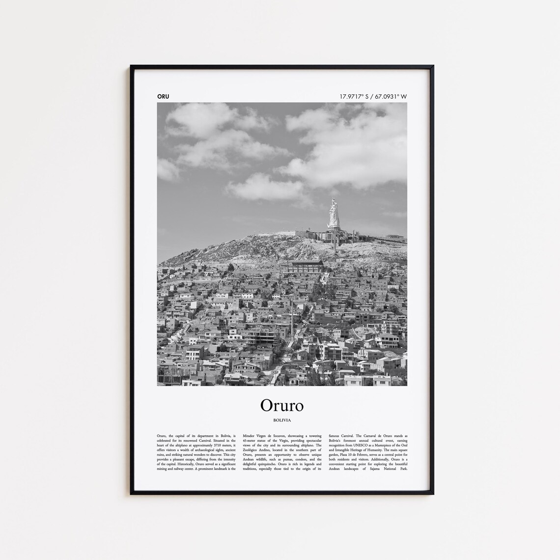 Oruro Bolivia Black And White Hillside City View Photo Poster