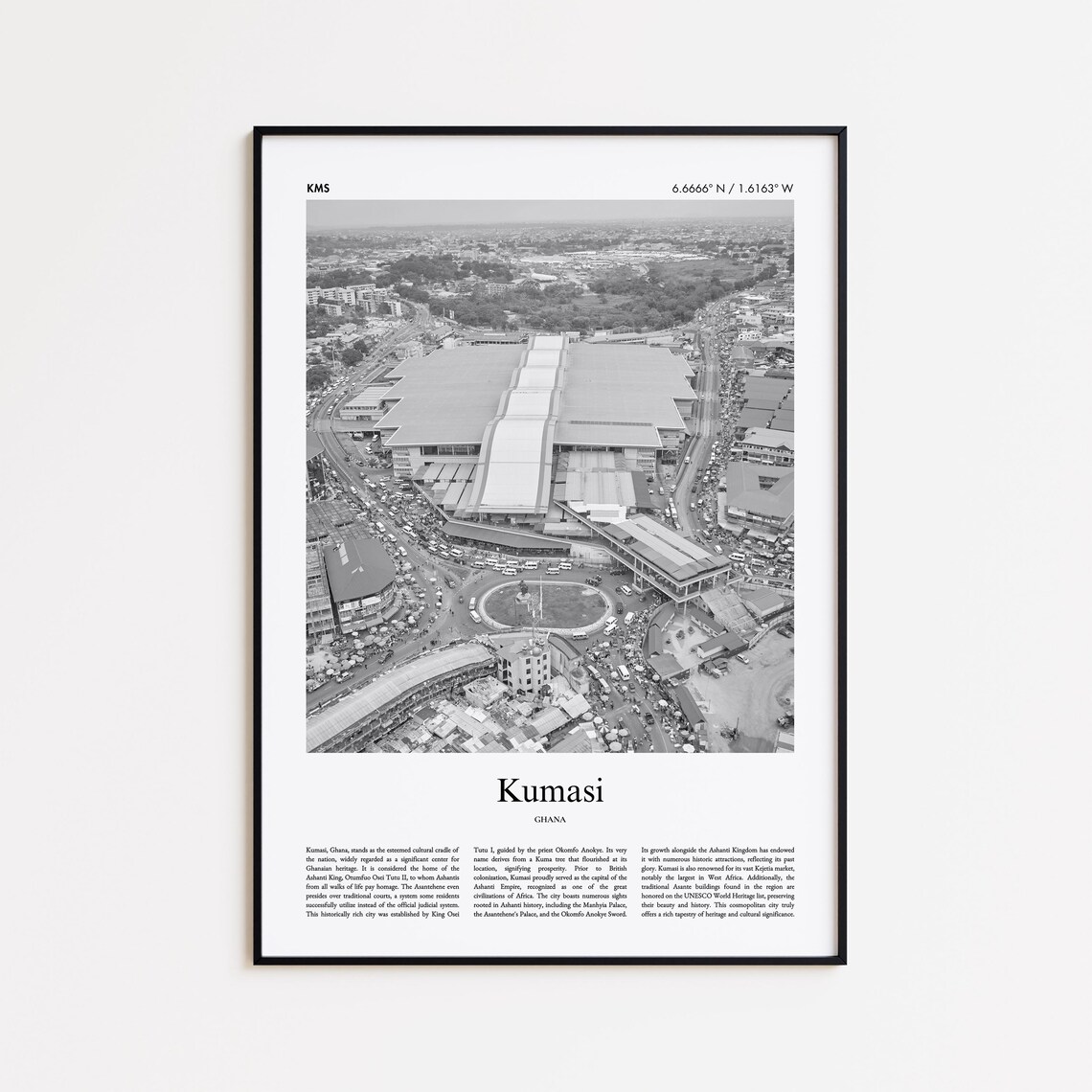 Kumasi Ghana Aerial Market Black and White Cityscape Travel Poster