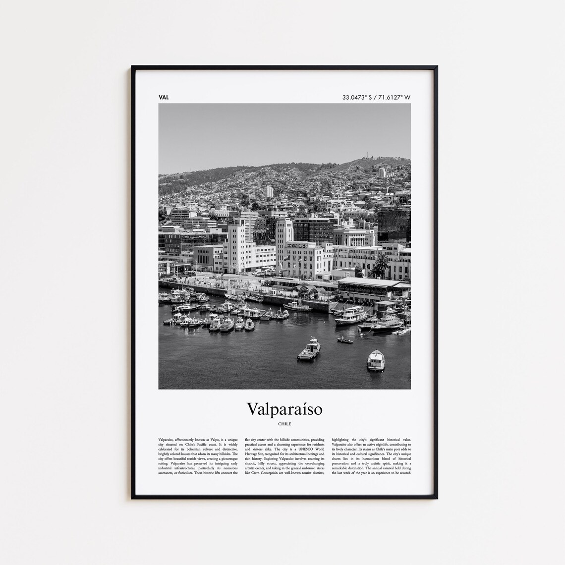 Valparaíso Chile Black and White Historic Harbor Photo Travel Poster