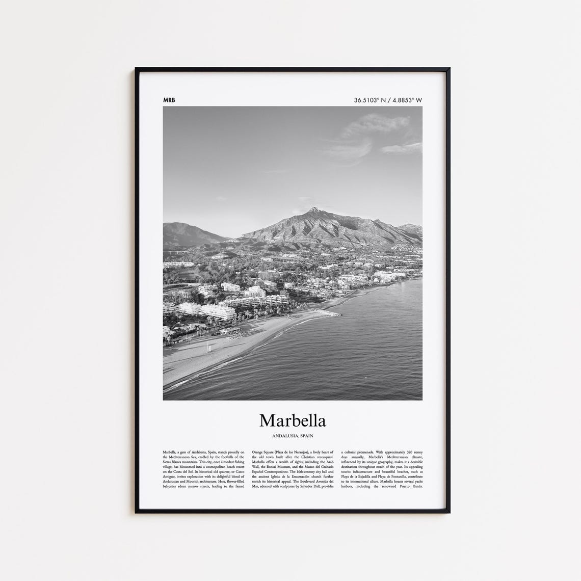 Marbella Spain Beach Mountain Coast Black and White Photo Poster