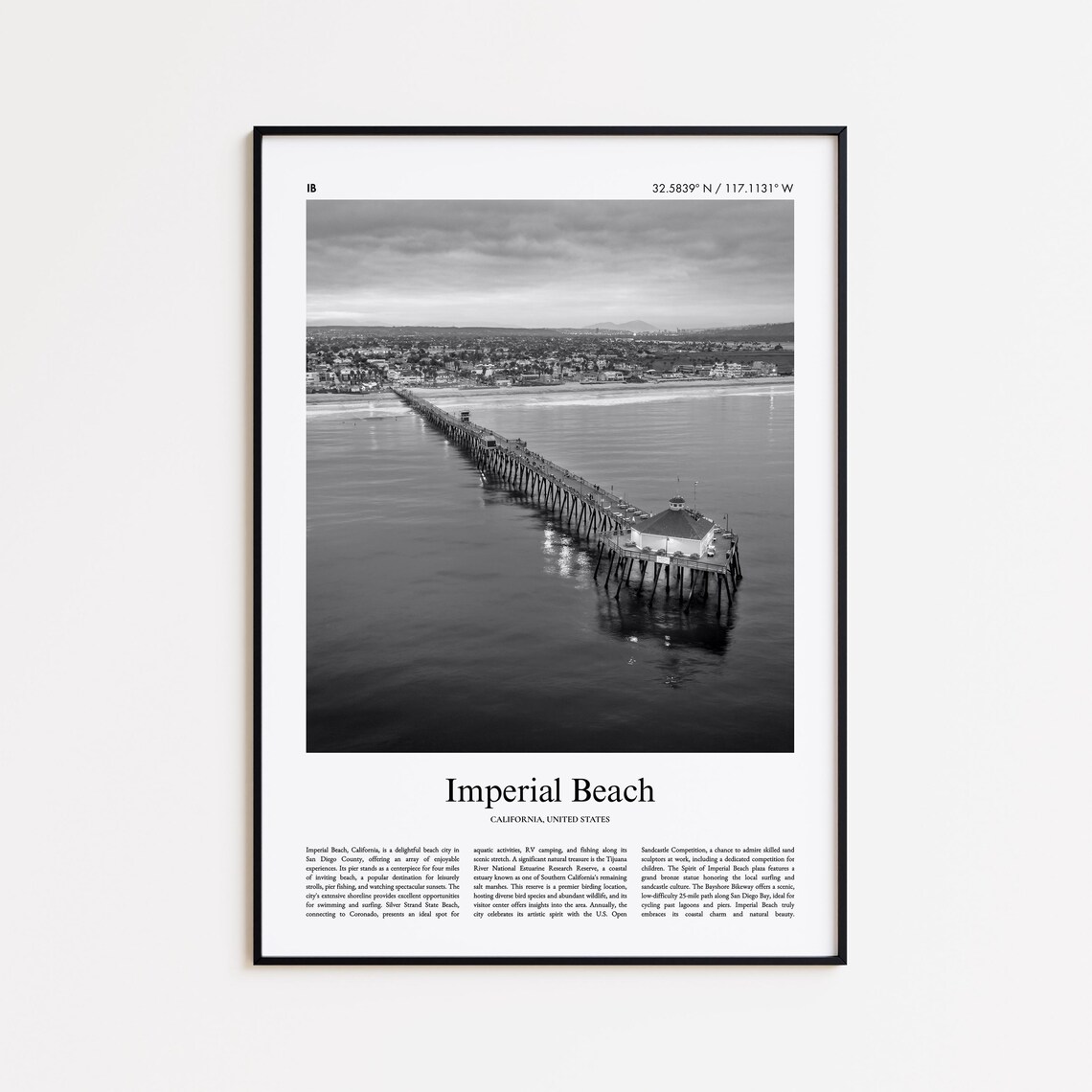Imperial Beach California Black and White Pier Photo Travel Poster