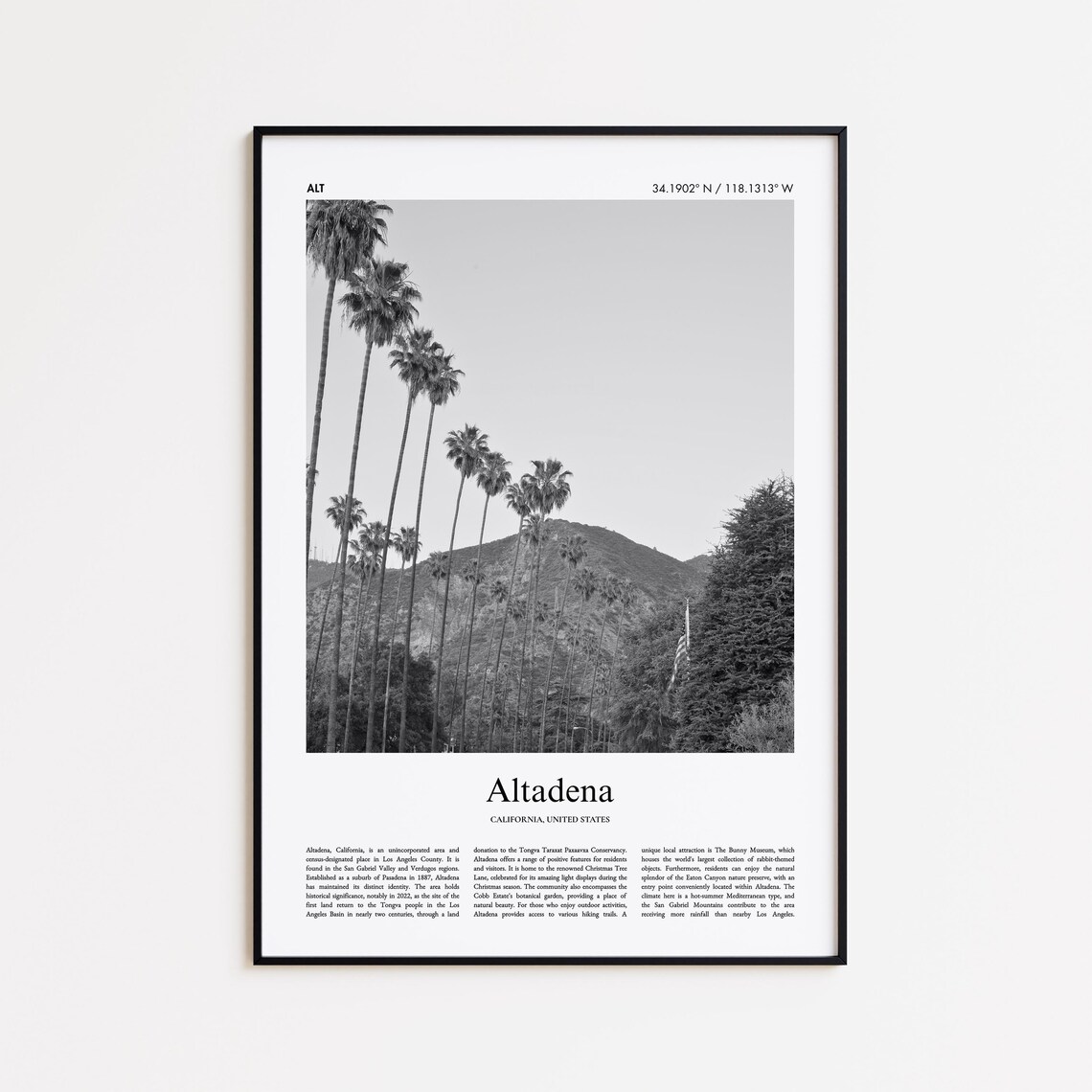 Altadena California Black White Palm Trees Mountain Photo Poster