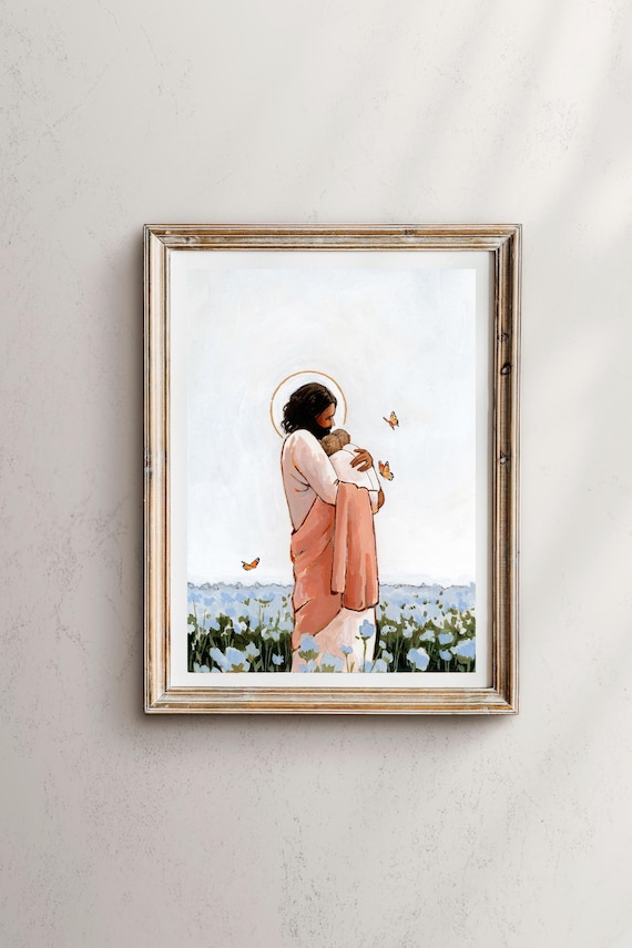 Jesus Holding Angel Babies, Forget-Me-Nots Print