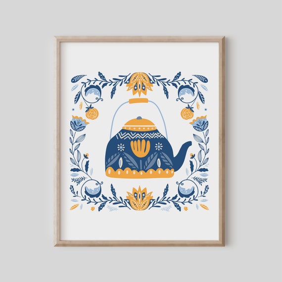 Norwegian Folk Art Kitchen Wall Teapot Flower Scandinavian Swedish Polish Nordic Royal Blue Home Decor Gift Mustard Yellow