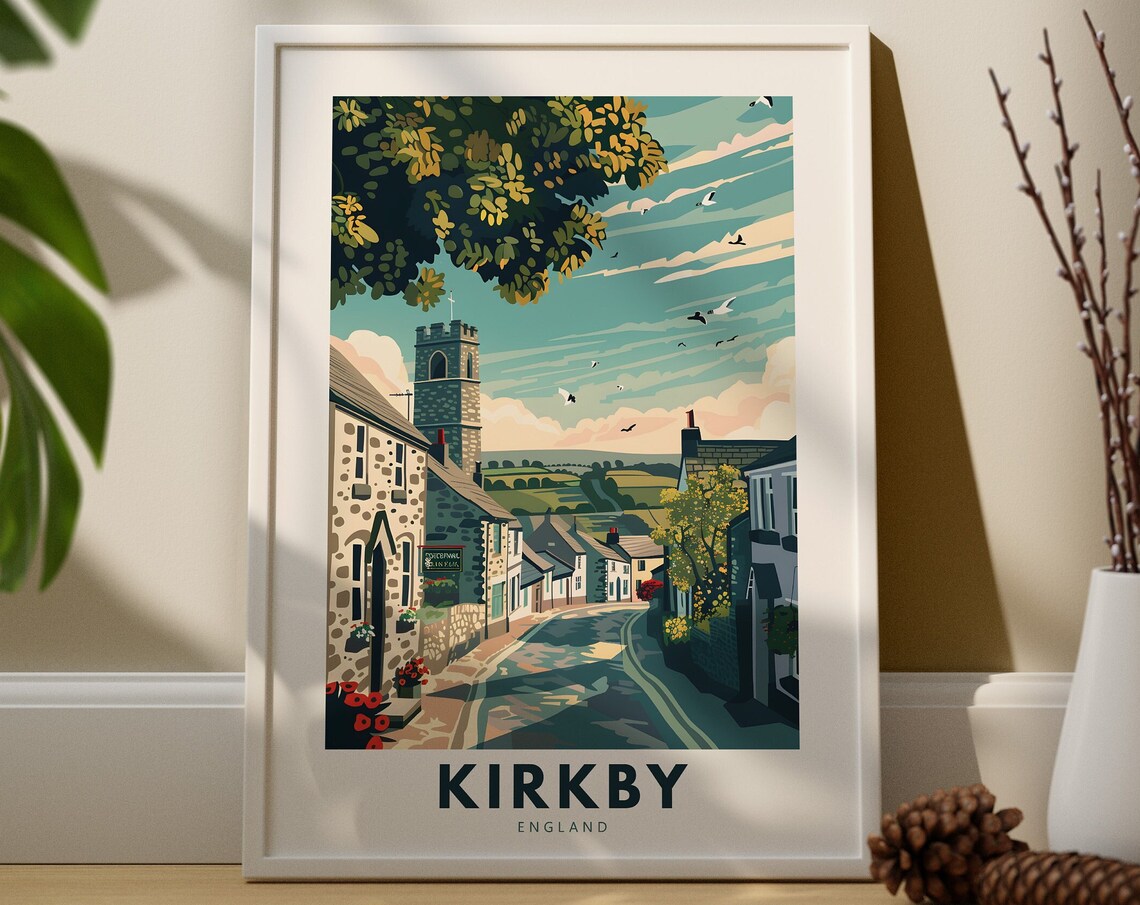 Kirkby England Village Street Church Tower Rolling Hills Travel Art Poster