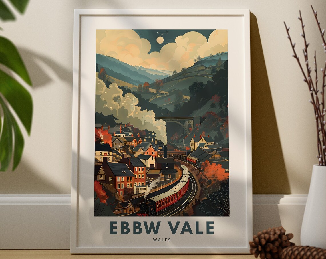 Ebbw Vale Wales Steam Train Vintage Town Scene Travel Poster
