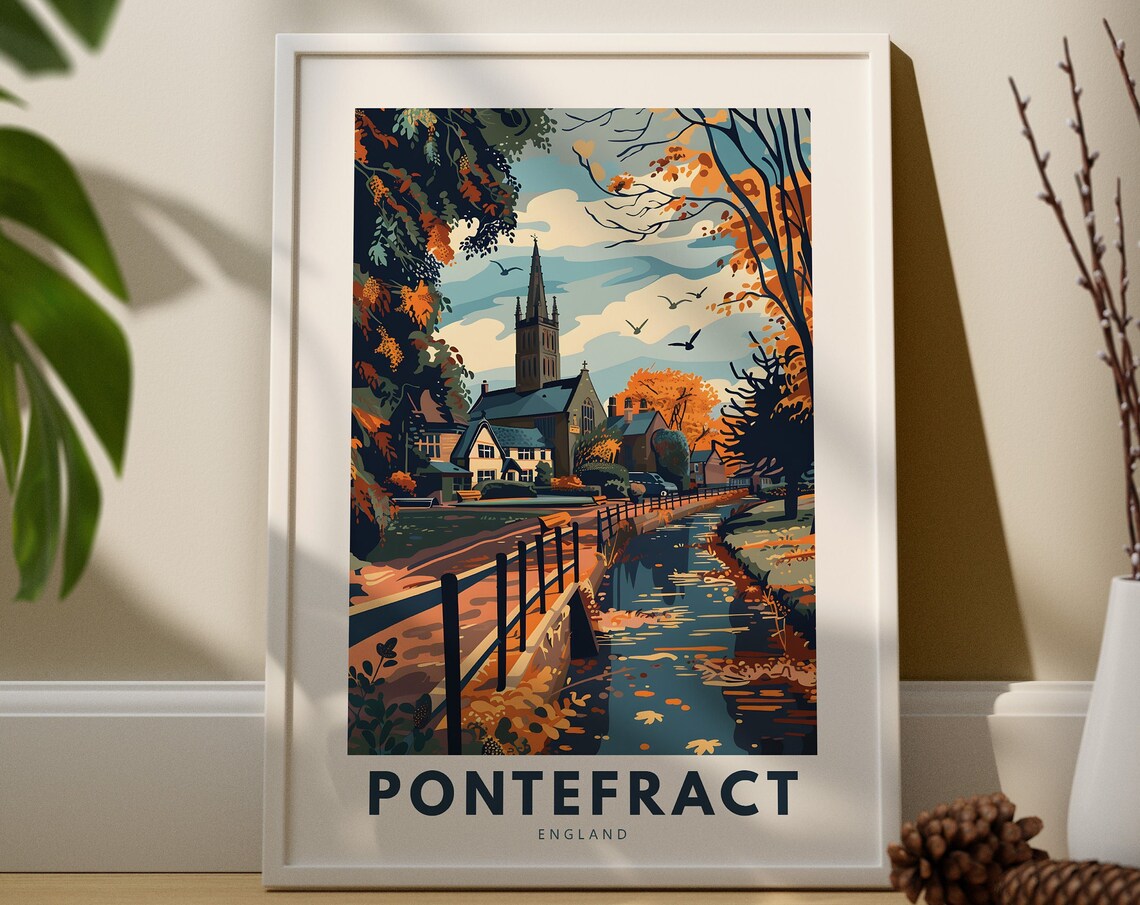 Pontefract England Autumn Church River Vintage Travel Poster