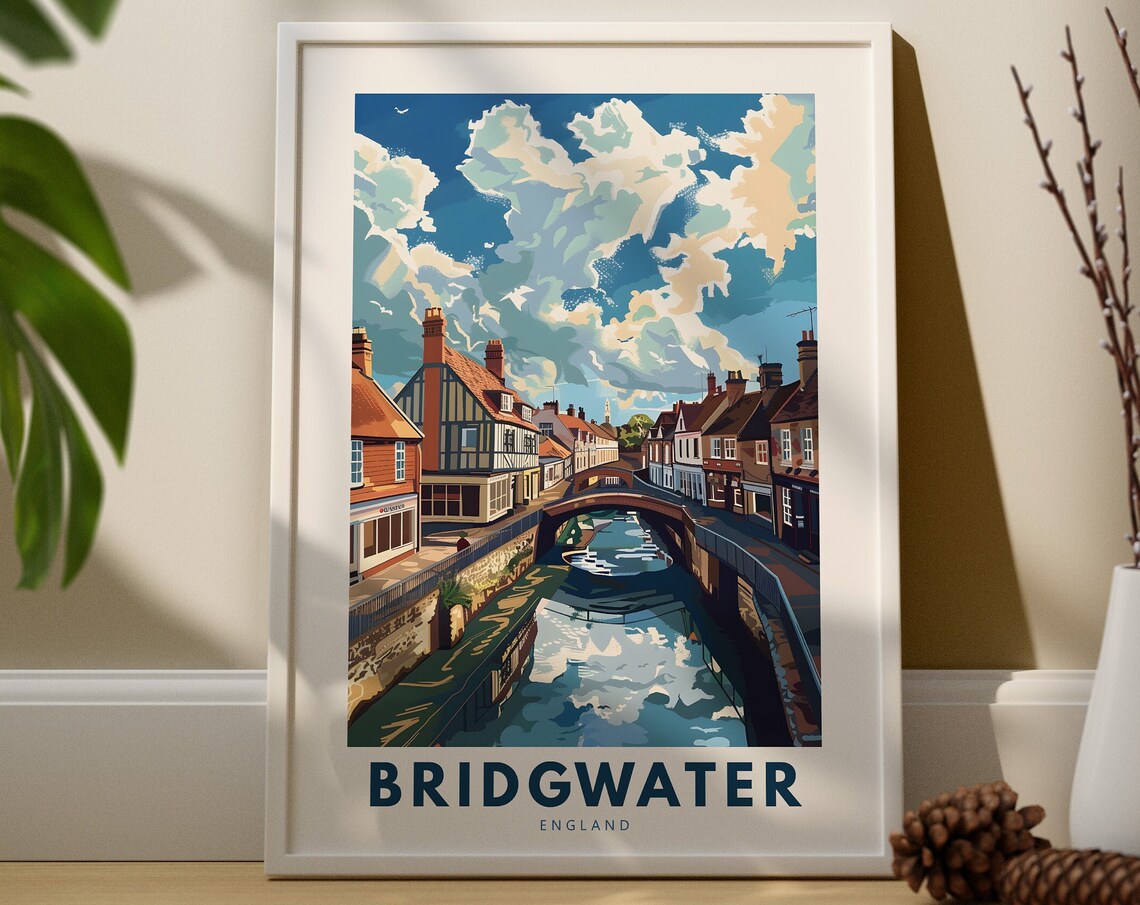 Bridgwater England River Canal Bridge Historic Town Travel Poster