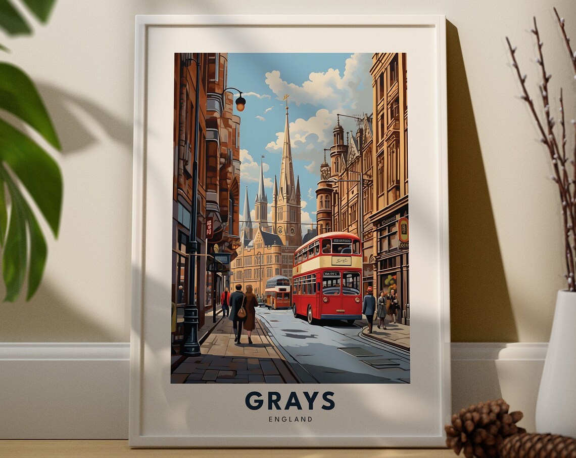 Grays England Vintage Red Double Decker Bus City Street Travel Poster