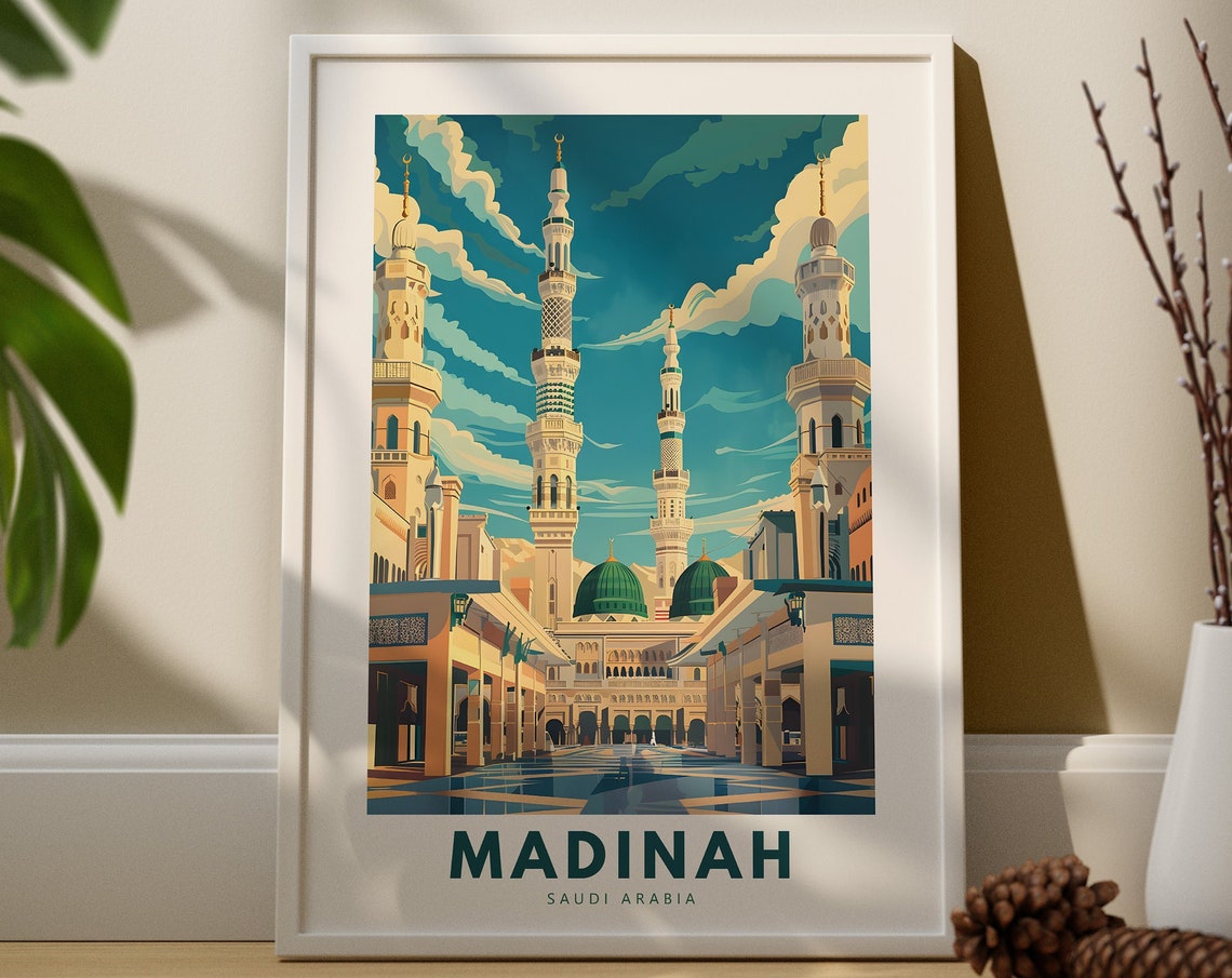 Madinah Saudi Arabia Mosque Green Domes Vintage Travel Poster Artwork