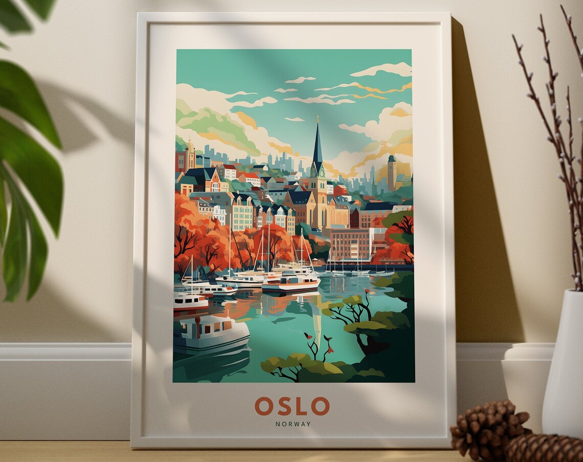 Oslo Norway Vintage Travel Poster Harbor Boats Autumn Waterfront Art