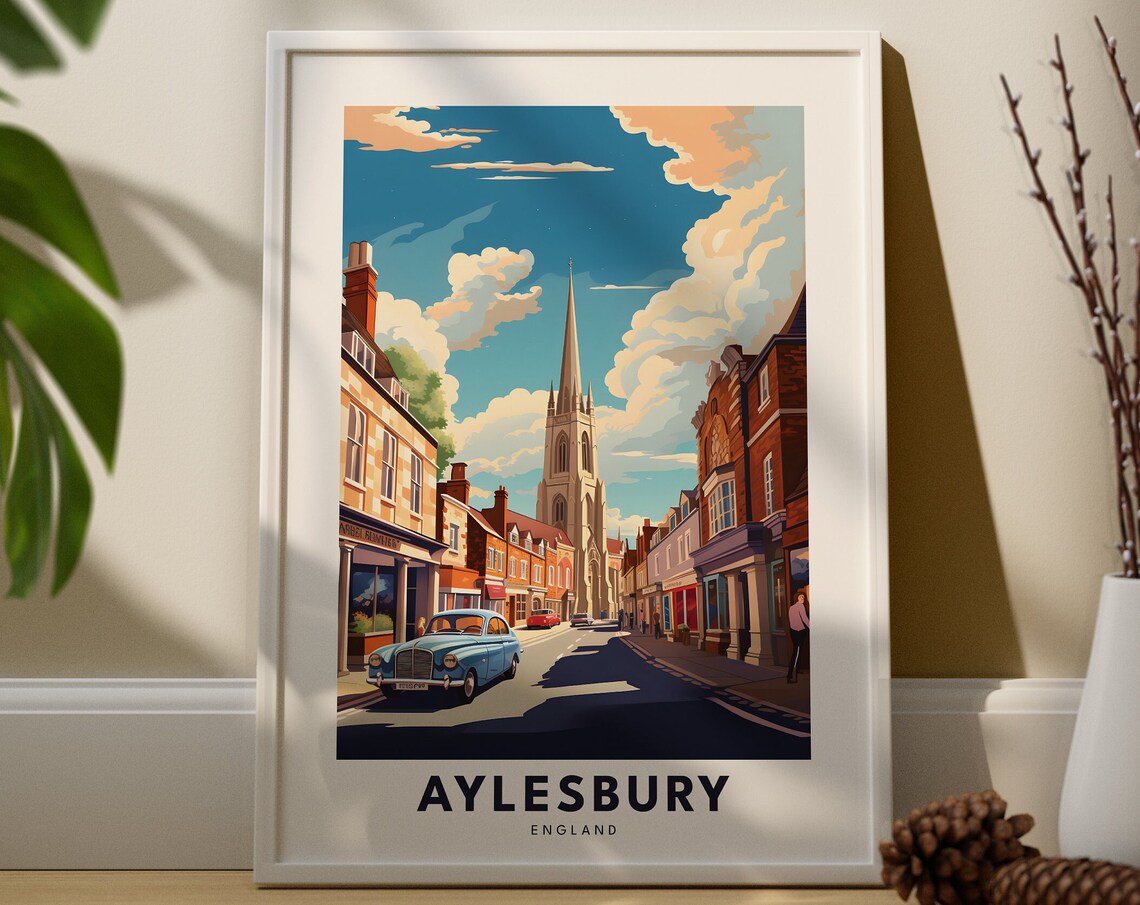 Aylesbury England Travel Poster Vintage Street Scene Church Spire