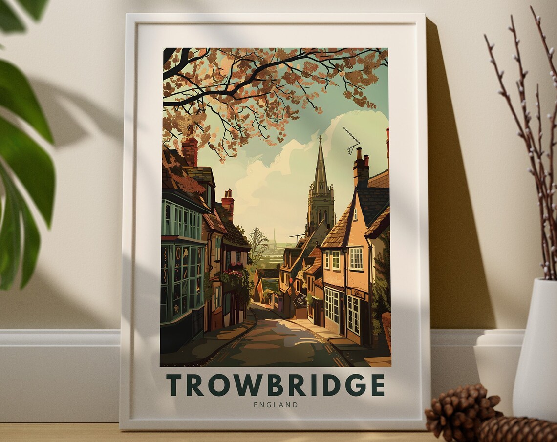 Trowbridge England Historic Street Church Spire Travel Poster