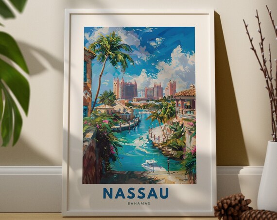 Nassau Bahamas Palm Harbor Marina Boats Vintage Travel Poster