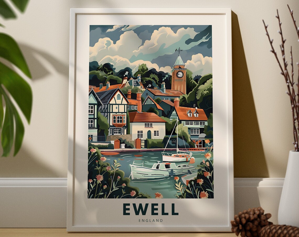 Ewell England Harbor Boats Clock Tower Floral Village Travel Poster