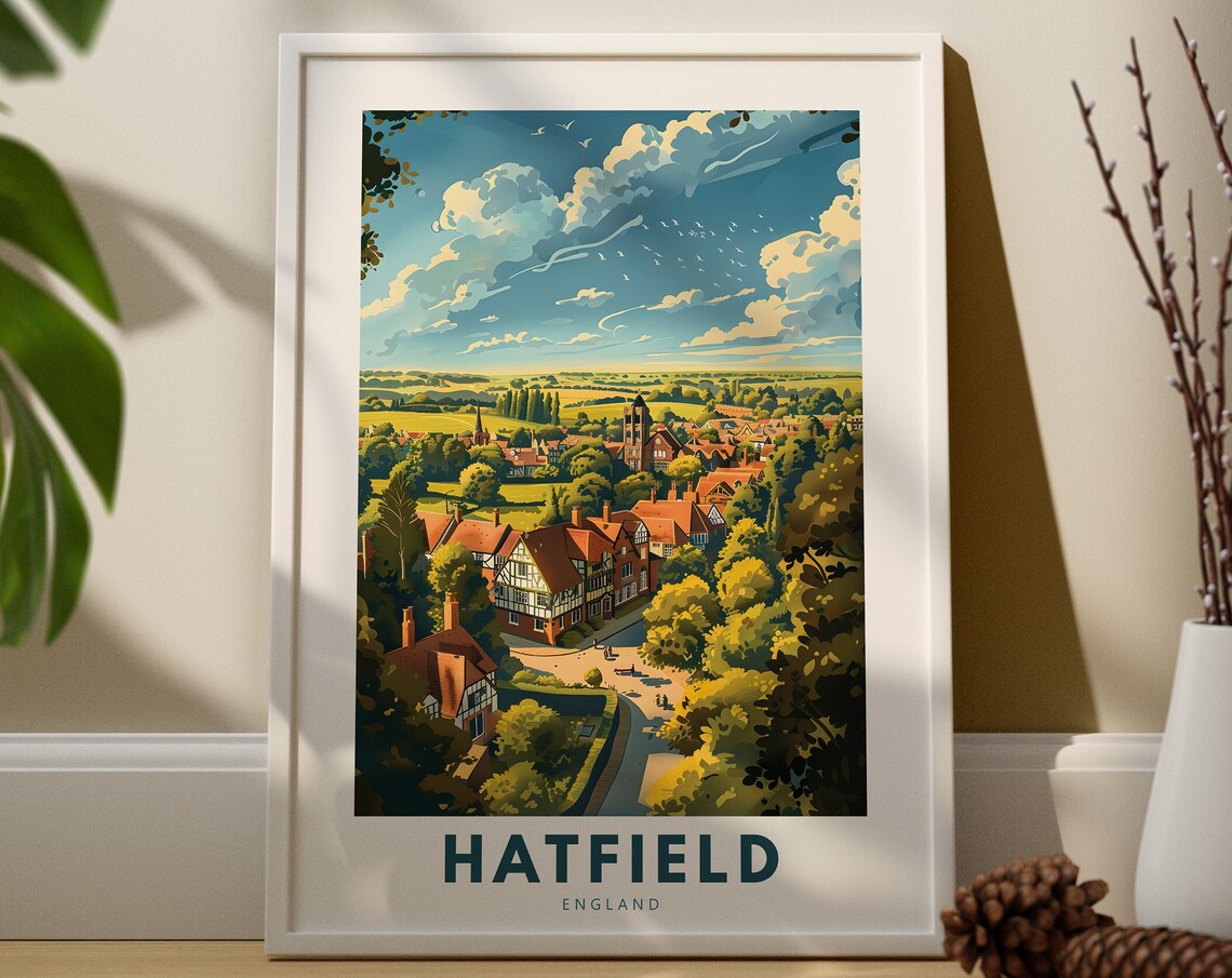 Hatfield England Retro Town Panorama Travel Poster Village View