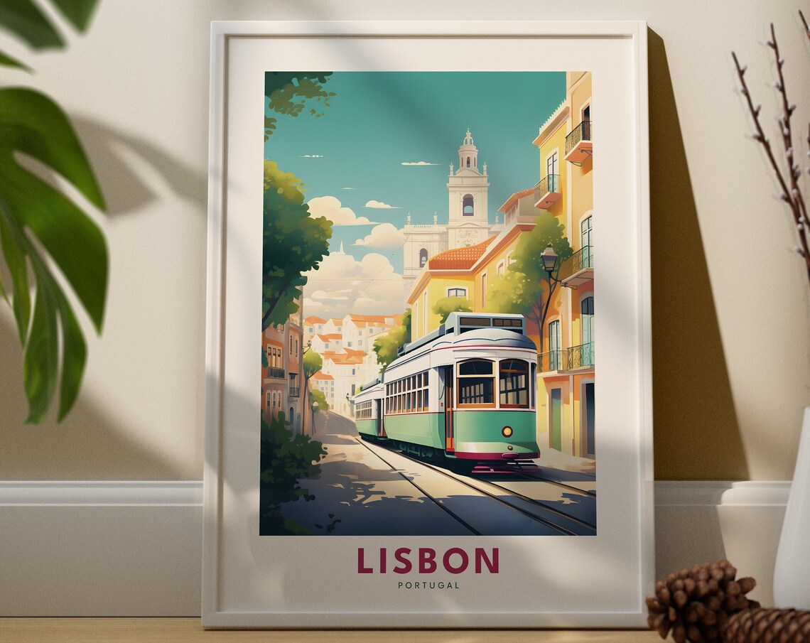 Lisbon Portugal Vintage Tram Sunny Street Scene Travel Poster