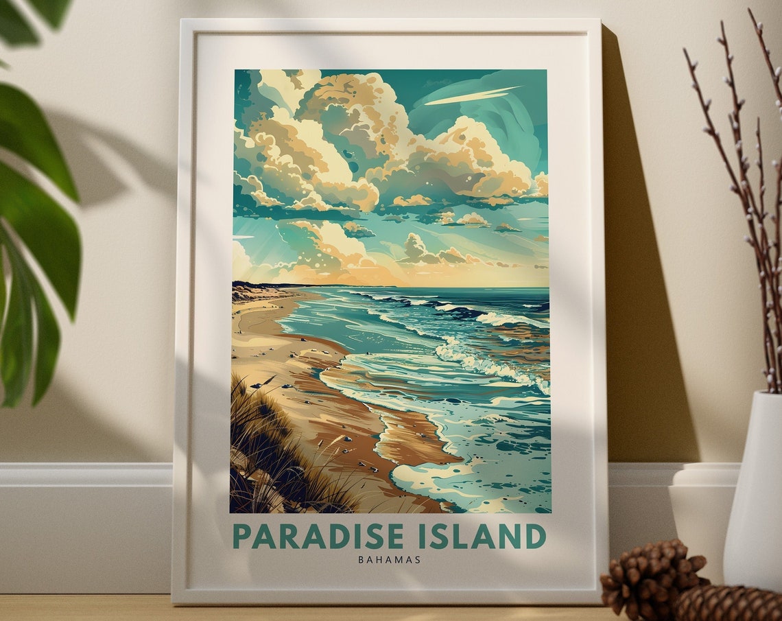 Paradise Island Bahamas Travel Poster Turquoise Beach Ocean Waves