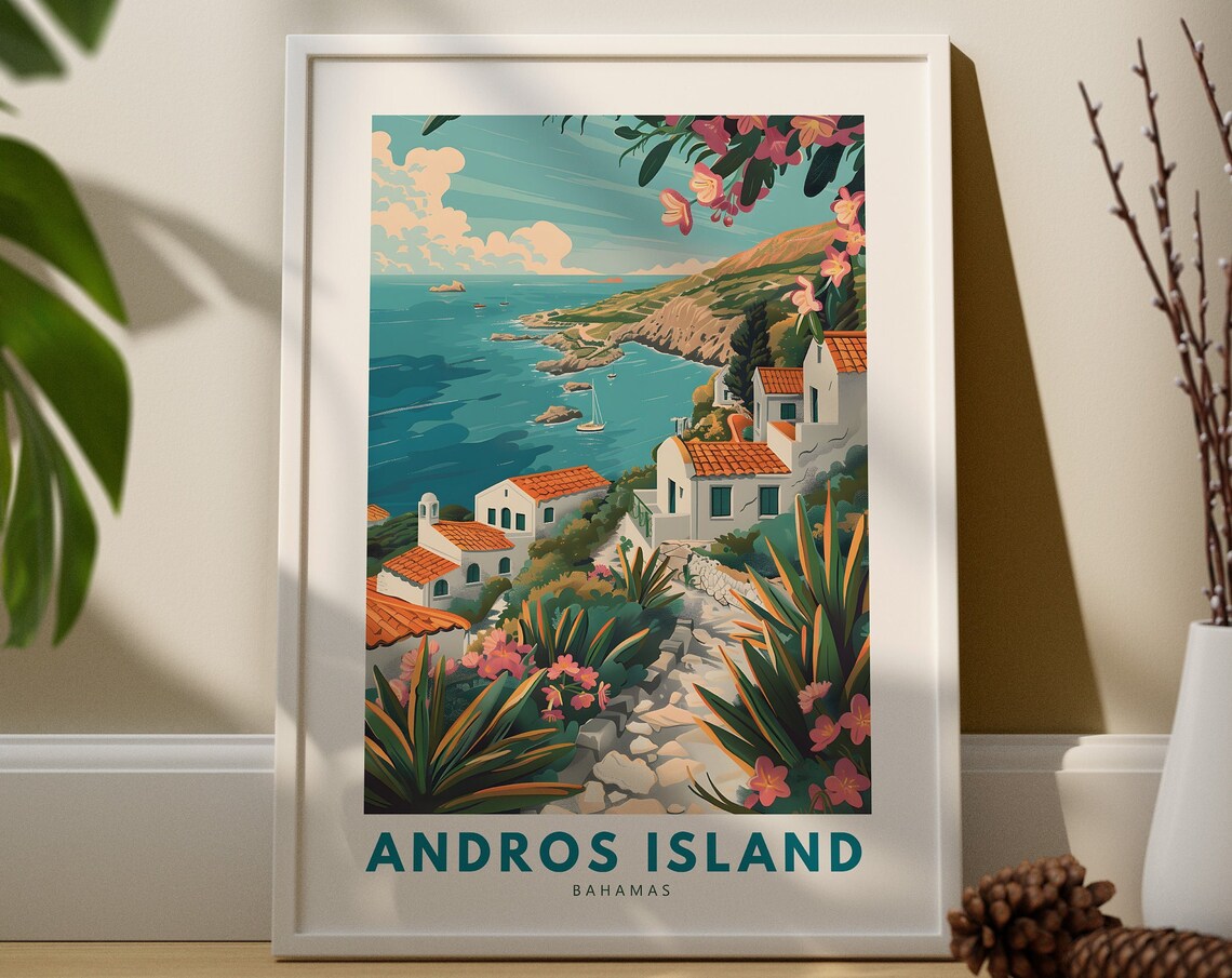Lush Andros Island Bahamas Coastal Village Tropical Travel Art Poster