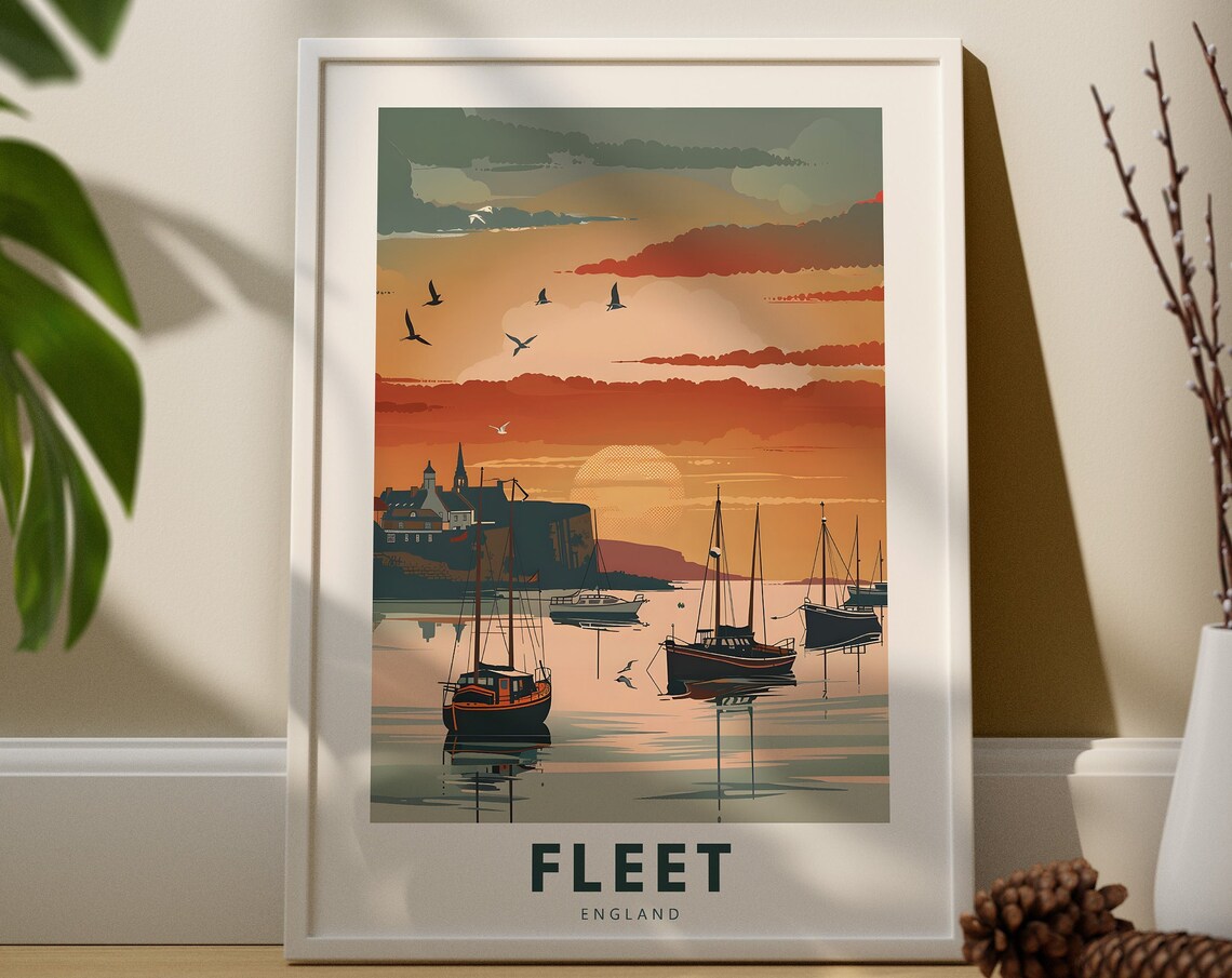 Fleet England Harbor Sunset Sailboats Coastal Retro Travel Scene Poster