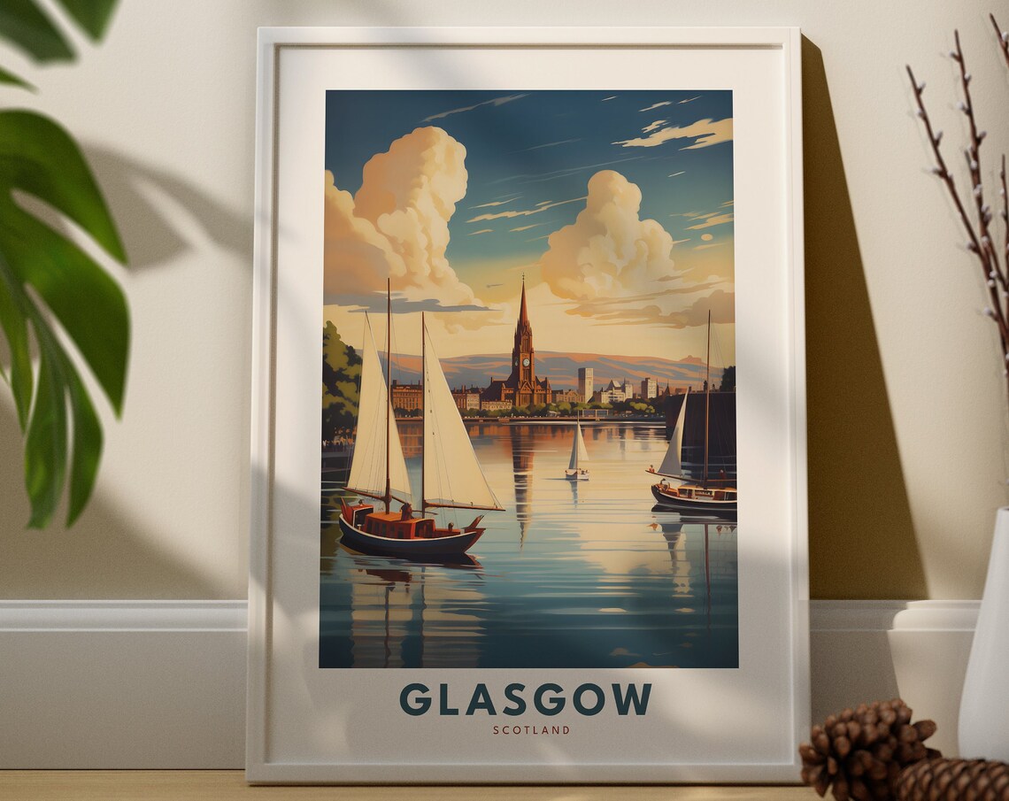Glasgow Scotland Travel Poster Sailboats River Clyde Sunset Scene