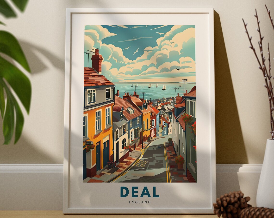 Deal England Seaside Street Harbor Sailboats Modern Travel Poster