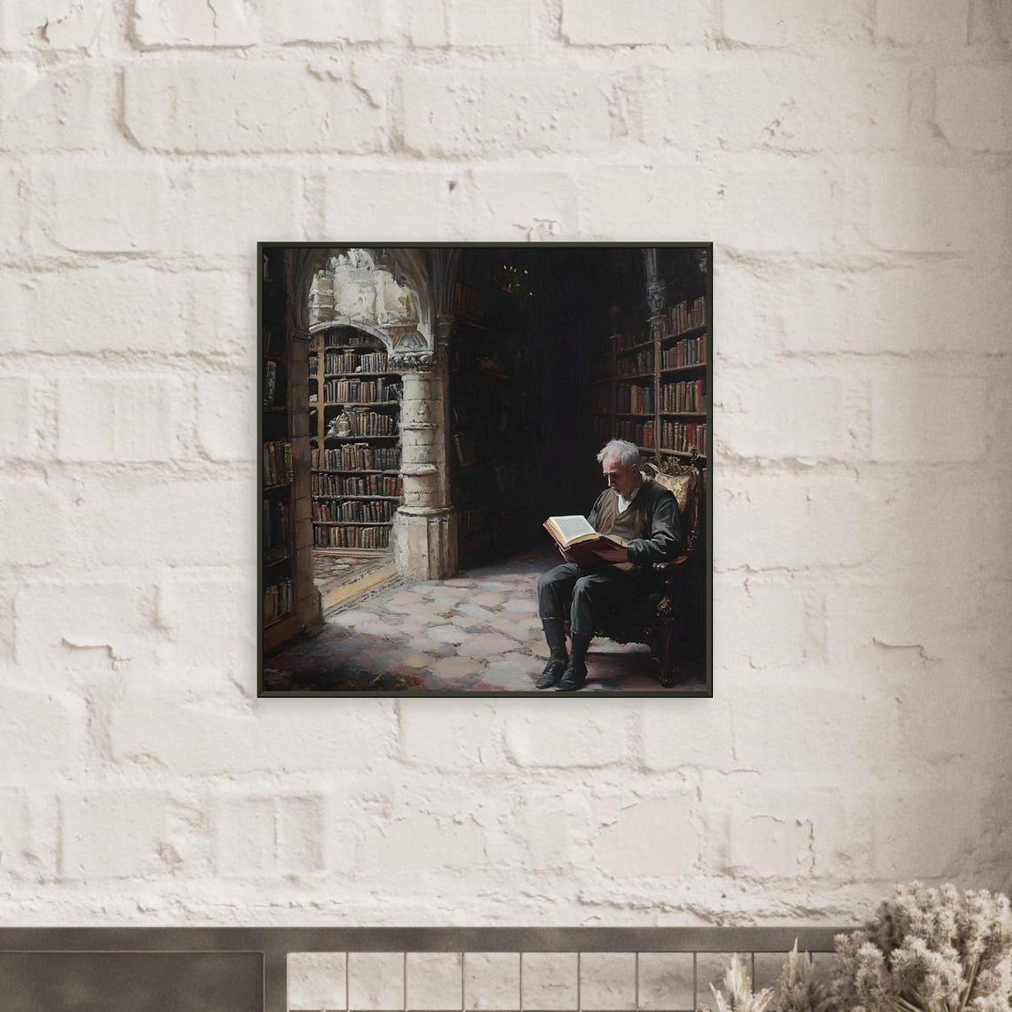 Elderly Scholar Reading in Dark Gothic Medieval Library Oil Painting Poster