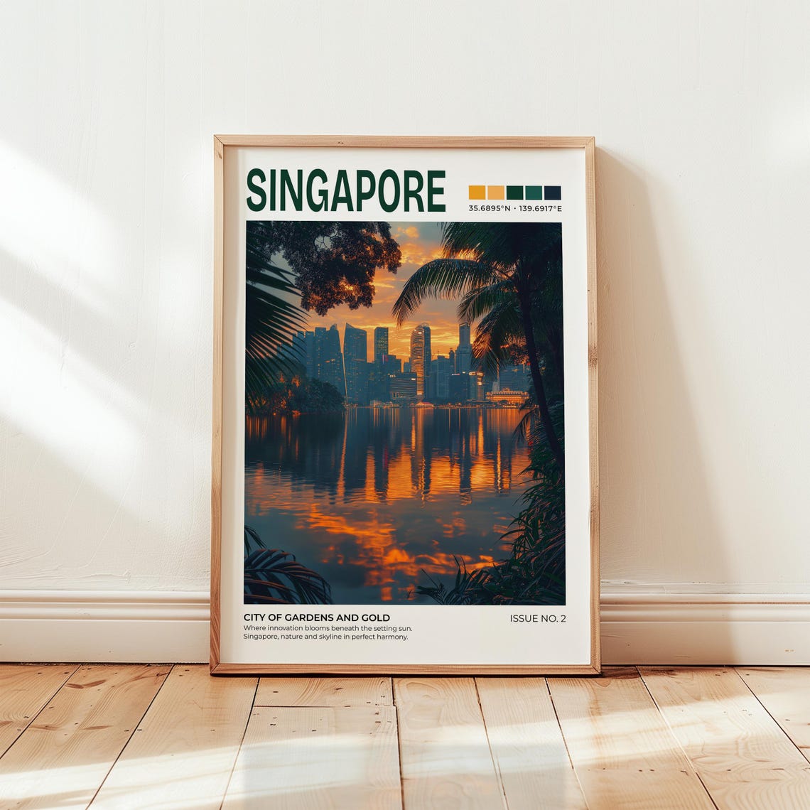 Singapore Marina Bay Sunset Skyline Palm Trees Travel Poster