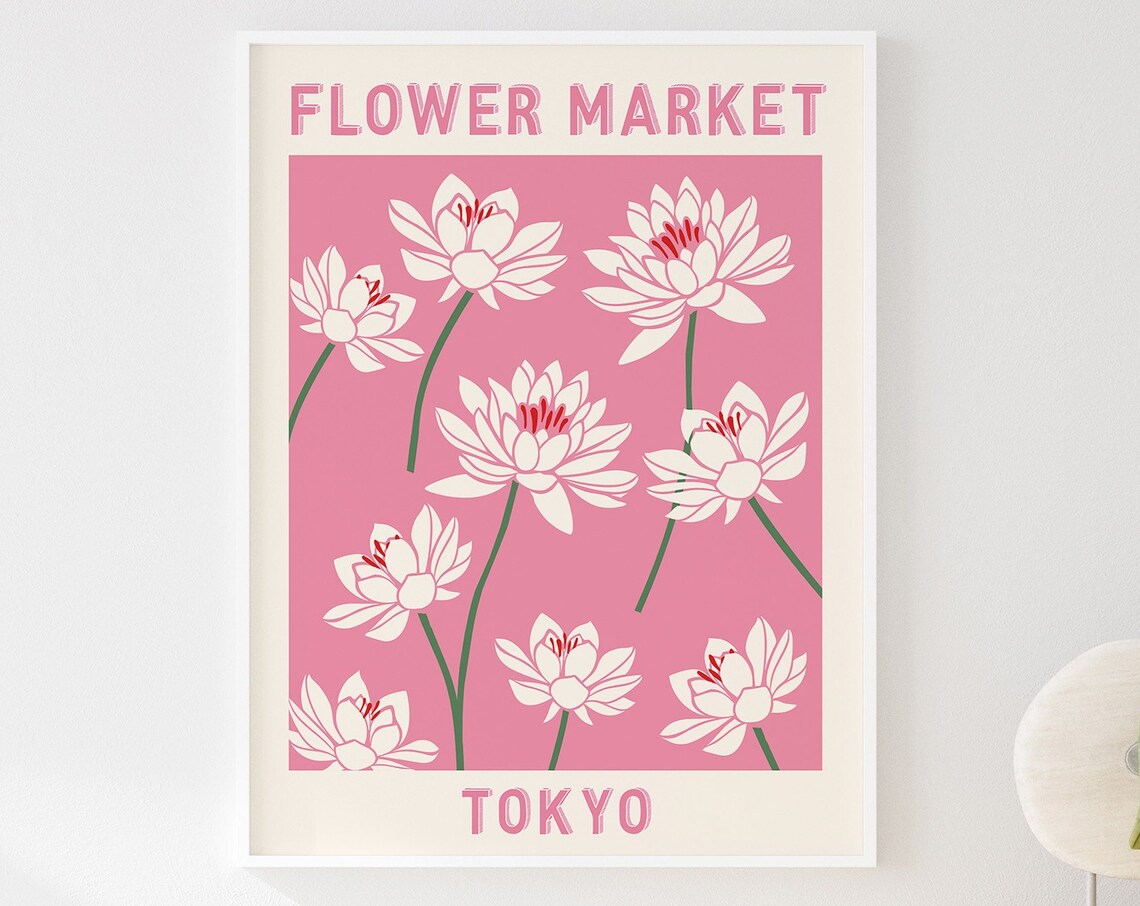 Flower Market Tokyo Pink Lotus Blossom Retro Botanical Poster