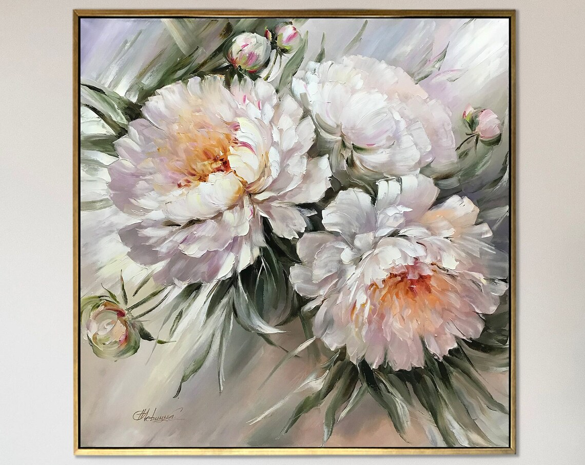 White Peony Blooms Blush Center Oil Painting Soft Floral Art Poster - Image 2