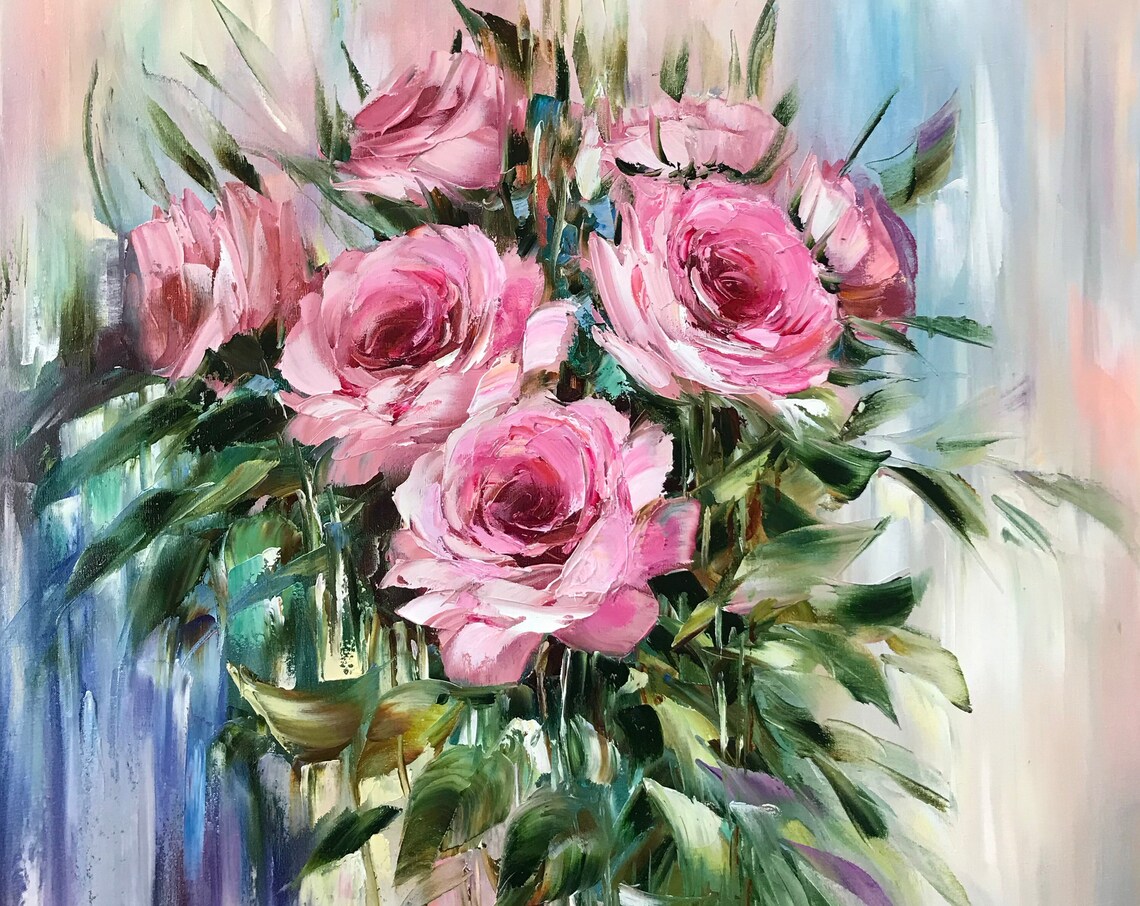 Pink Roses Bouquet Soft Blush Blooms Close Up Impasto Art Poster