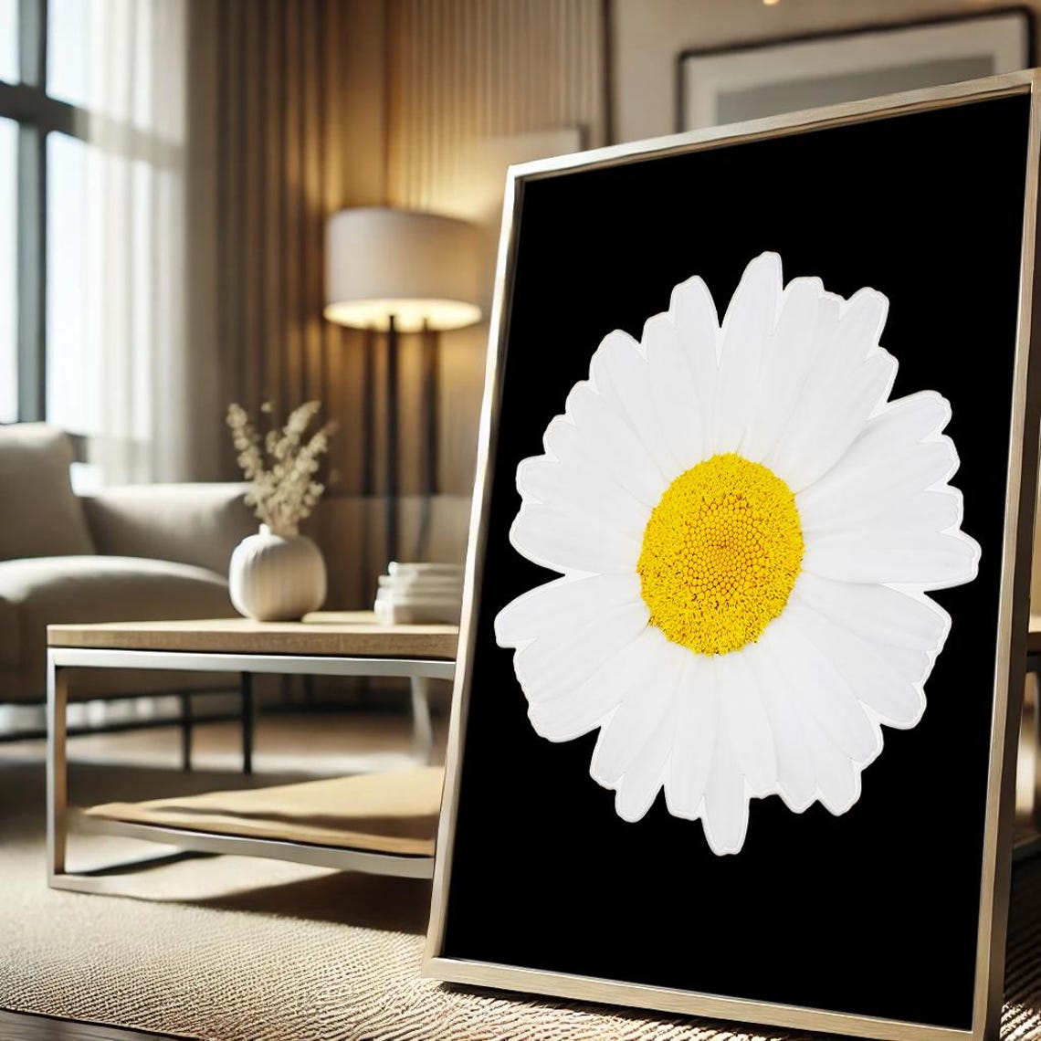 White Daisy with Yellow Center on Black Bold Botanical Wall Art