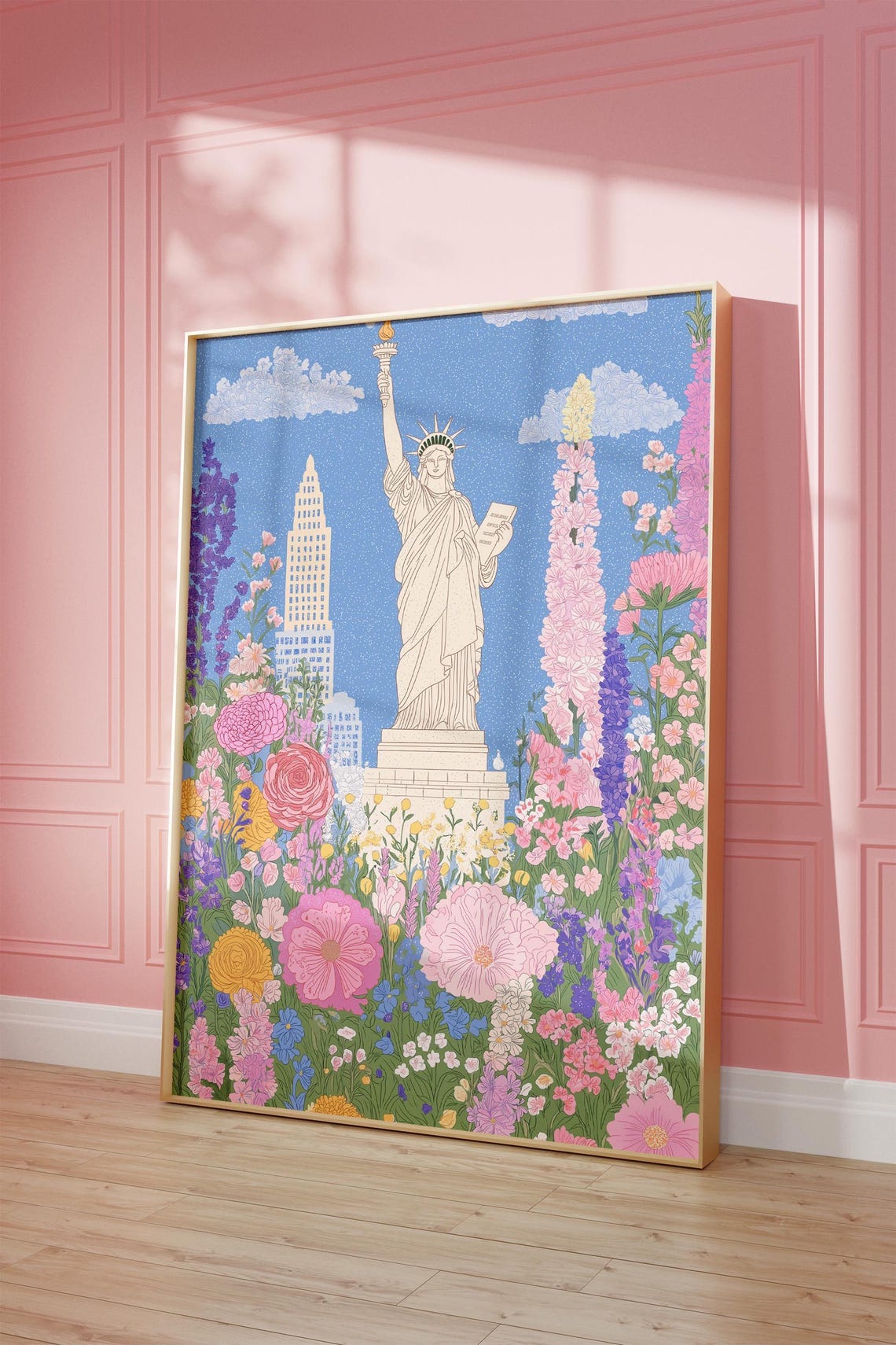 New York Statue Of Liberty Wildflower Garden Illustration Poster