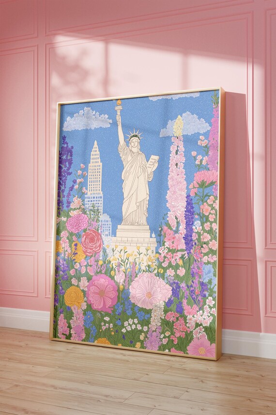 New York Statue Of Liberty Wildflower Garden Illustration Poster