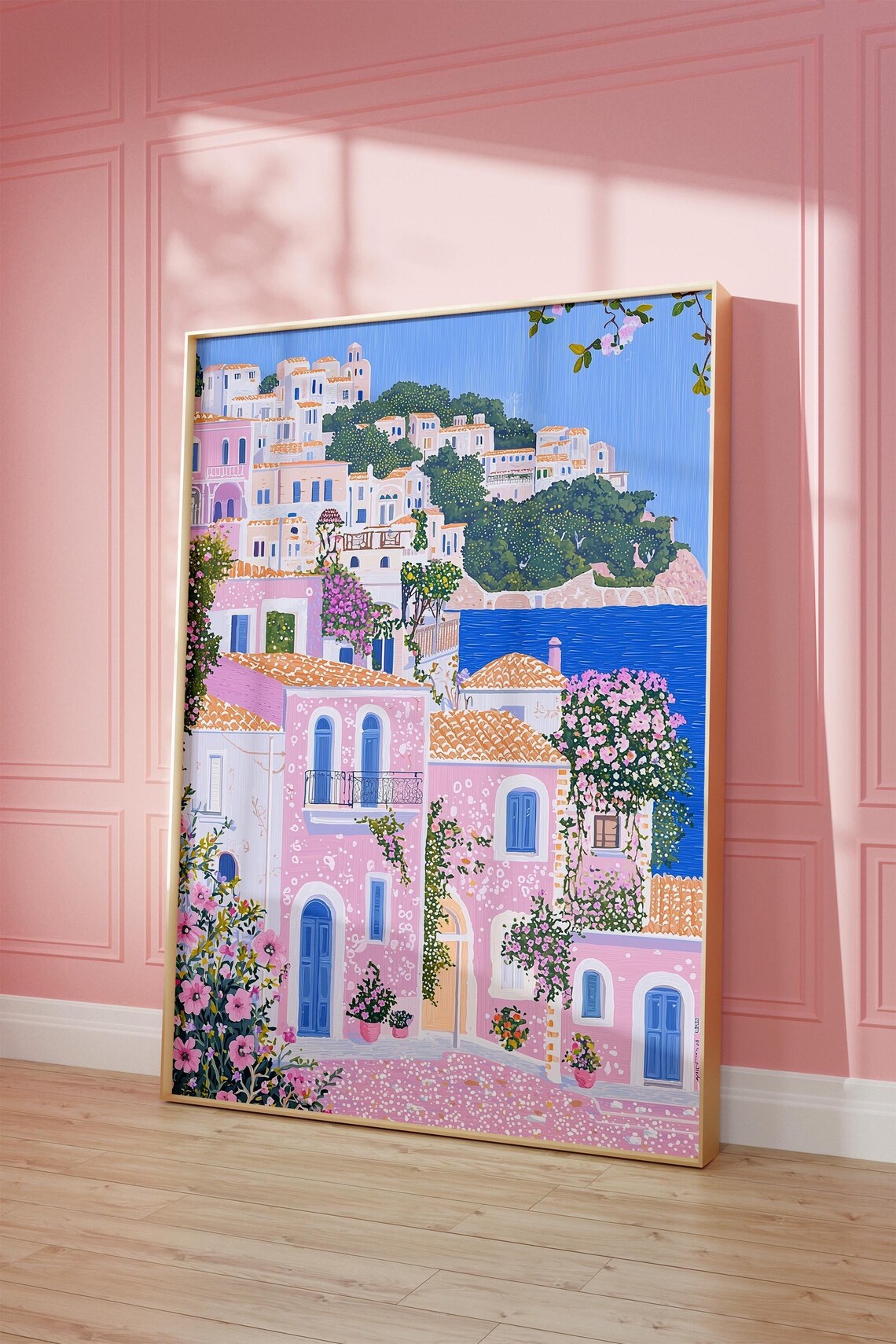 Dreamy Greece Summer Pastel Coastal Village Floral Travel Poster