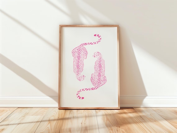 Pink Twin Leopards Minimalist Animal Illustration Preppy Wall Art