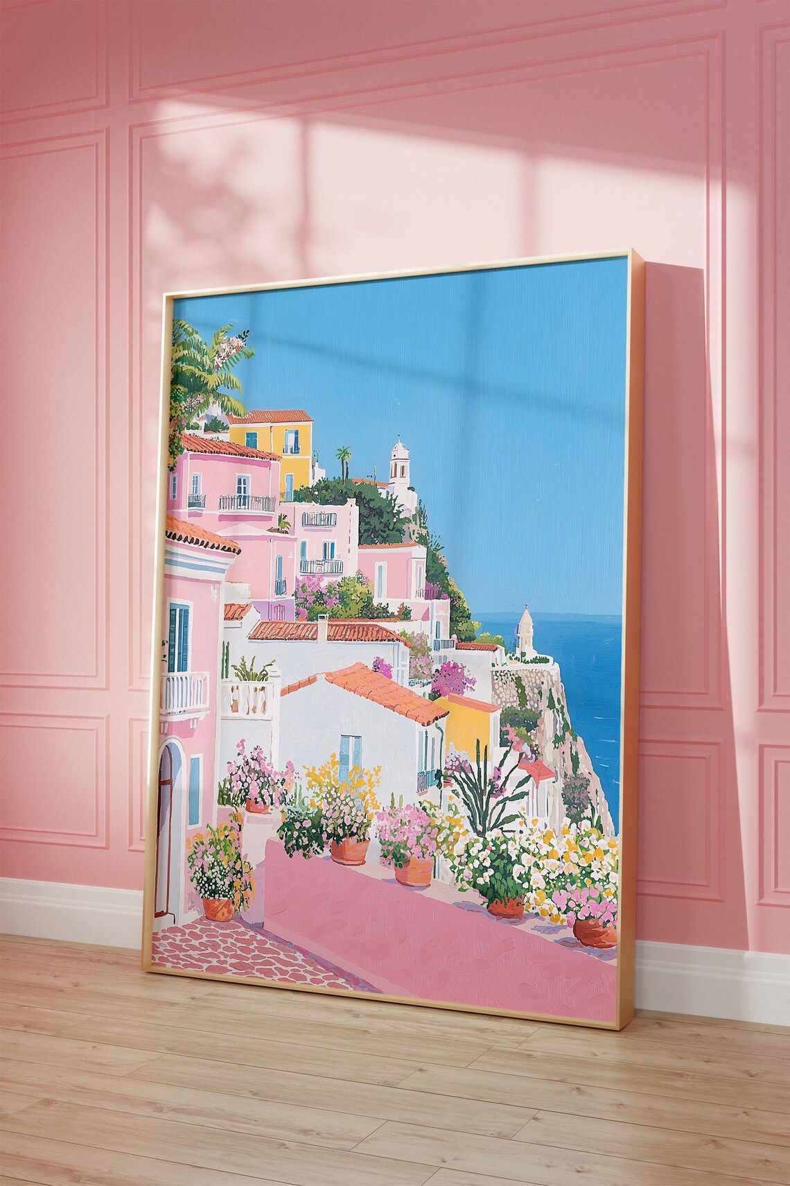 Italian Coastal Town Pastel Village Cliffs Summer Travel Art Poster