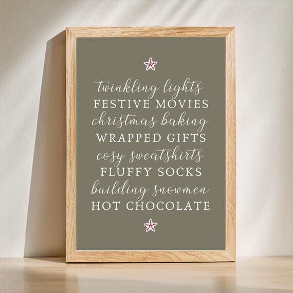 Christmas Joys Calligraphy List on Sage Green Modern Wall Art