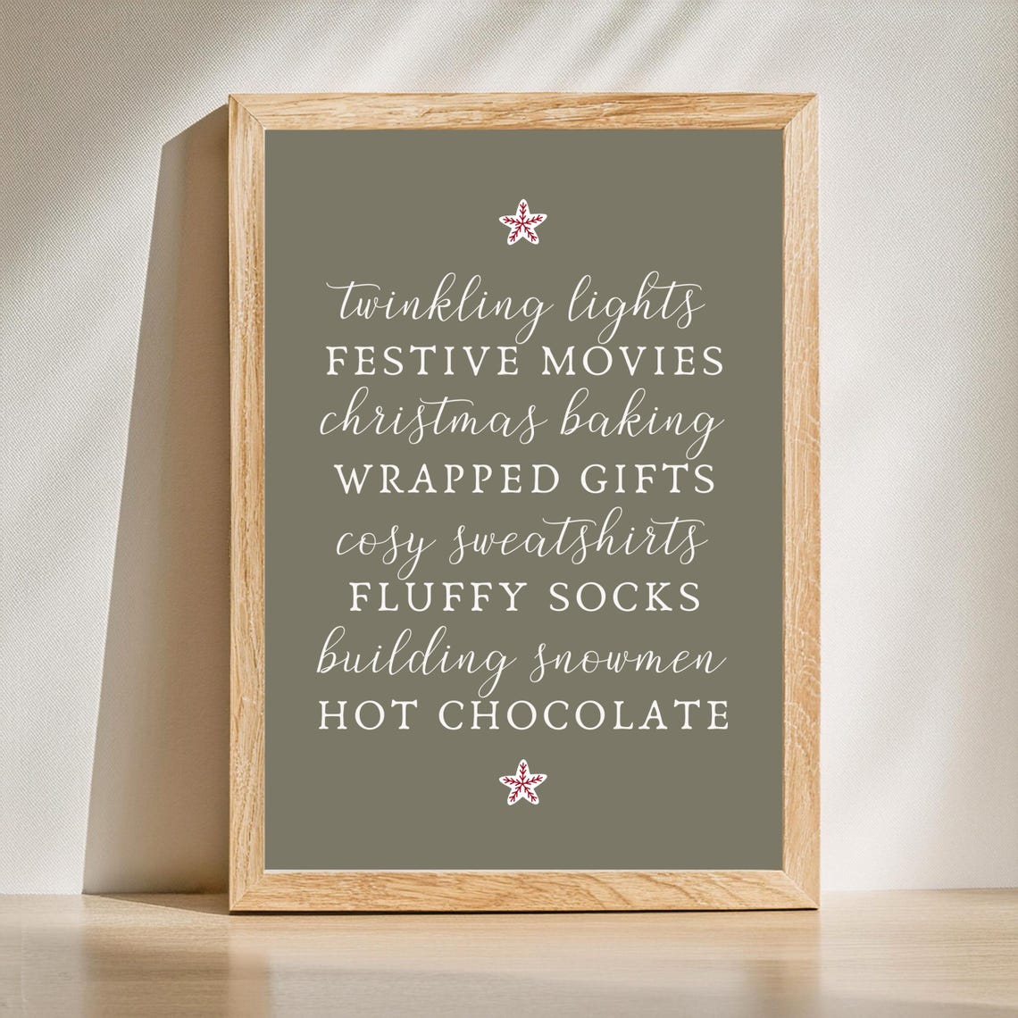 Christmas Joys Calligraphy List on Sage Green Modern Wall Art